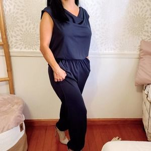 DKNY Black Draped Neck Sleeveless Women Jumpsuit